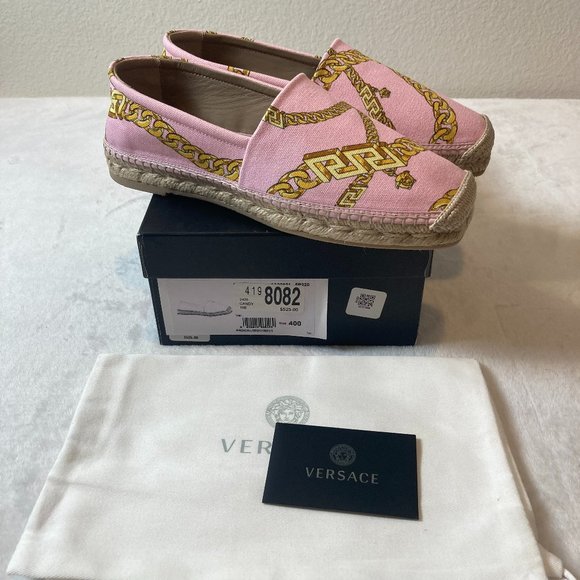 Versace Shoes - Versace Chain-Print Cotton Espadrille Loafers Pink Size 10B New In Box Authentic